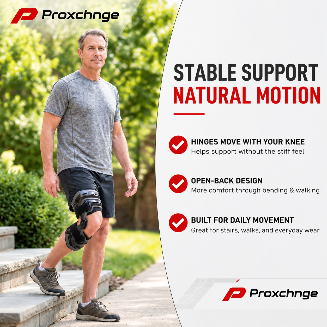 Proxchnge Hinged Knee Brace with Dual-Sided Aluminum Hinges, Adjustable Straps and Compression Sleeve, Knee Support Stabilizer for Men and Women, Left or Right Knee Proxchnge Hinged Knee Brace with Dual-Sided Aluminum Hinges, Adjustable Straps and Compression Sleeve, Knee Support Stabilizer for Men and Women, Left or Right Knee
